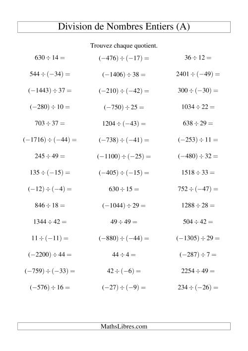 Division de nombres entiers de (-50) à 50 (45 par page) (A)