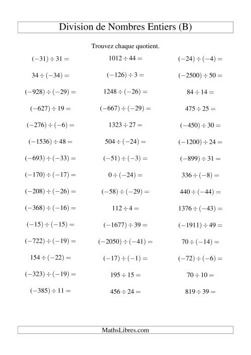 Division de nombres entiers de (-50) à 50 (45 par page) (B)