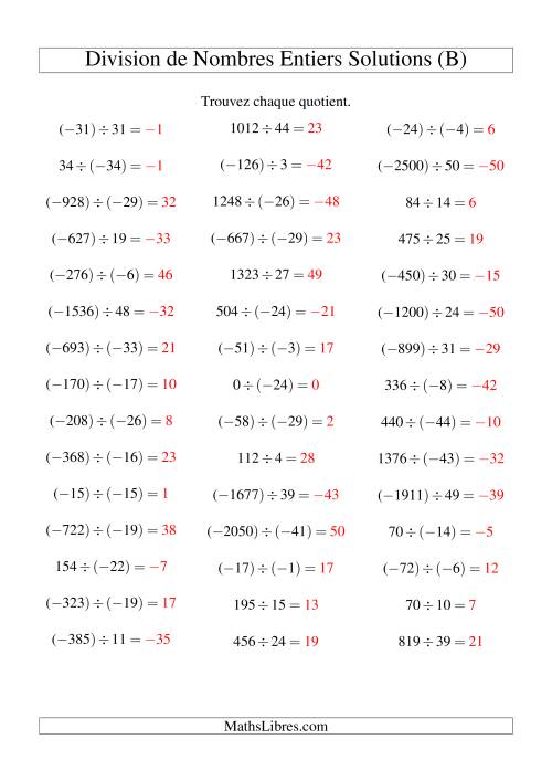 Division de nombres entiers de (-50) à 50 (45 par page) (B) page 2