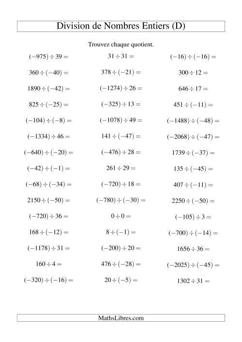 Division de nombres entiers de (-50) à 50 (45 par page) (D)