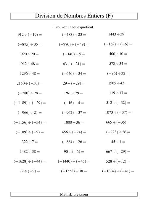 Division de nombres entiers de (-50) à 50 (45 par page) (F)