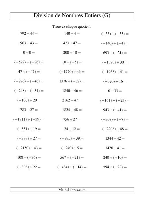 Division de nombres entiers de (-50) à 50 (45 par page) (G)