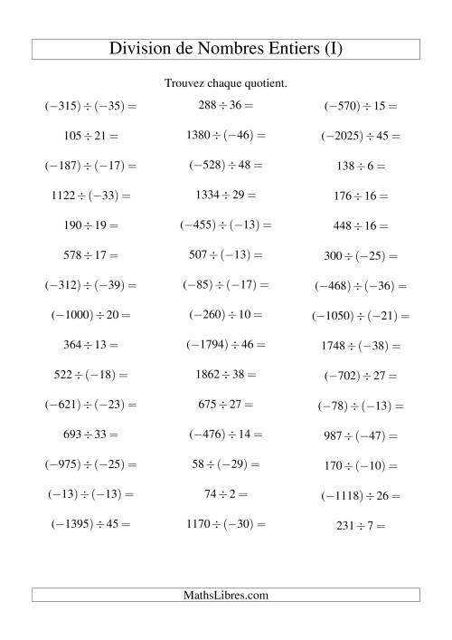 Division de nombres entiers de (-50) à 50 (45 par page) (I)