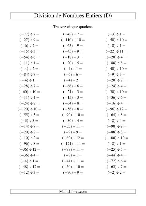 Division de nombres entiers -- Négatif divisé par positif (75 par page) (D)