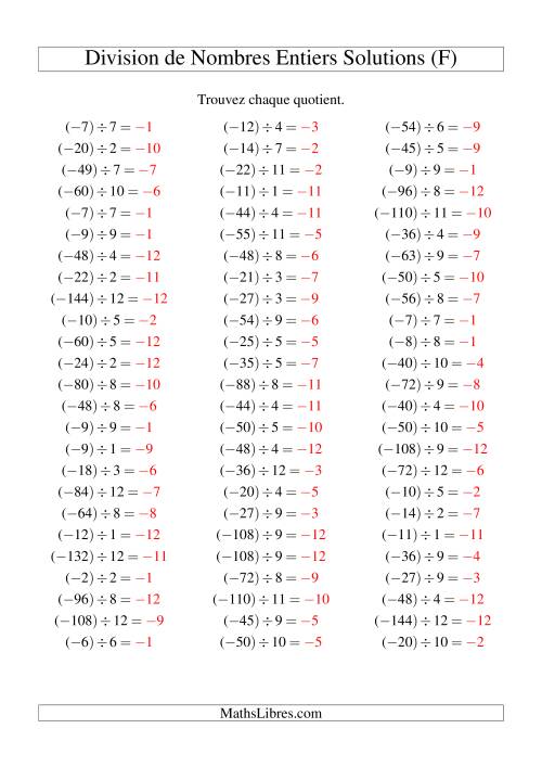 Division de nombres entiers -- Négatif divisé par positif (75 par page) (F) page 2
