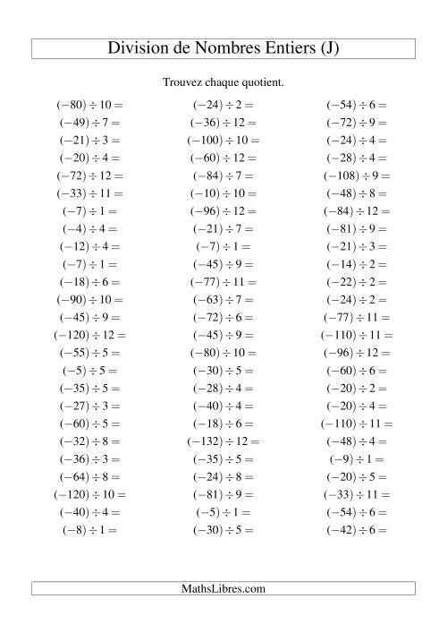 Division de nombres entiers -- Négatif divisé par positif (75 par page) (J)