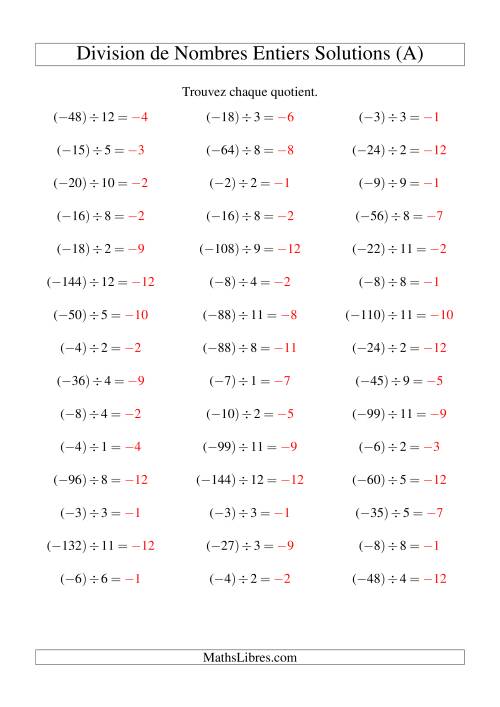 Division de nombres entiers -- Négatif divisé par positif (45 par page) (A) page 2