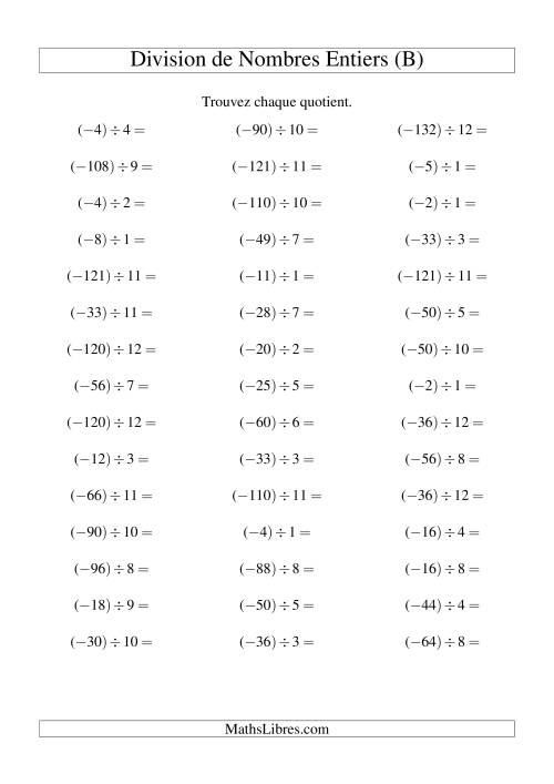 Division de nombres entiers -- Négatif divisé par positif (45 par page) (B)