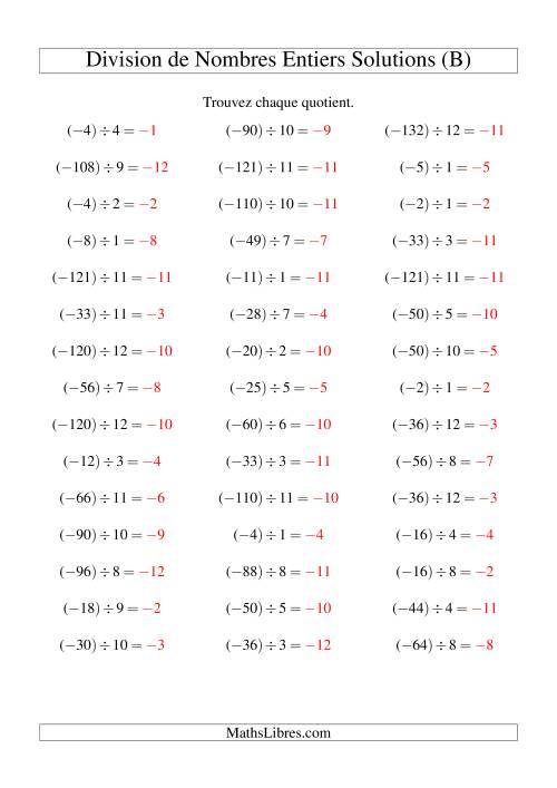 Division de nombres entiers -- Négatif divisé par positif (45 par page) (B) page 2