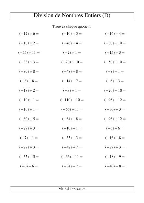 Division de nombres entiers -- Négatif divisé par positif (45 par page) (D)