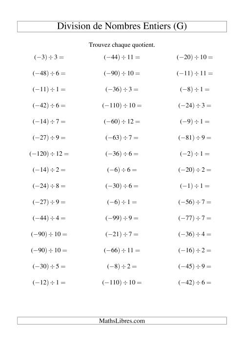 Division de nombres entiers -- Négatif divisé par positif (45 par page) (G)