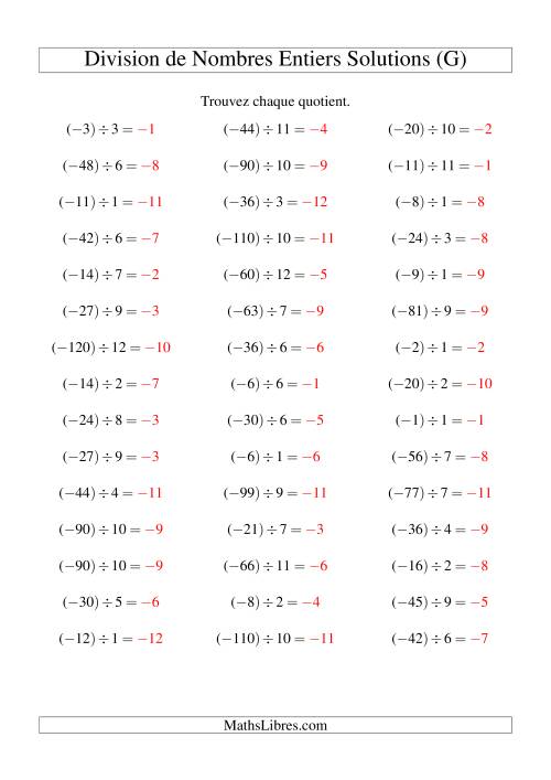 Division de nombres entiers -- Négatif divisé par positif (45 par page) (G) page 2