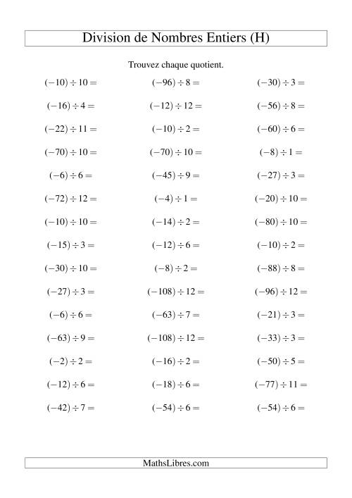 Division de nombres entiers -- Négatif divisé par positif (45 par page) (H)