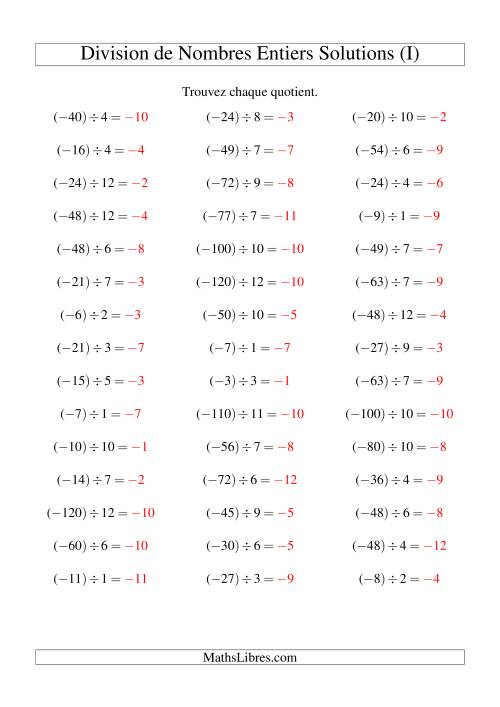 Division de nombres entiers -- Négatif divisé par positif (45 par page) (I) page 2