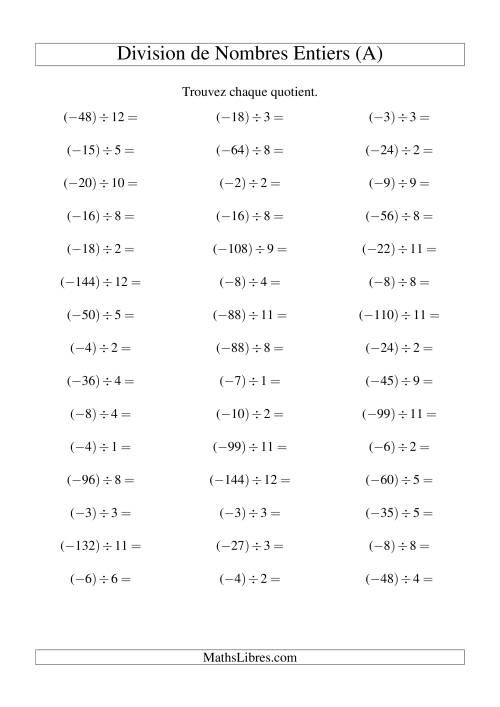 Division de nombres entiers -- Négatif divisé par positif (45 par page) (Tout)