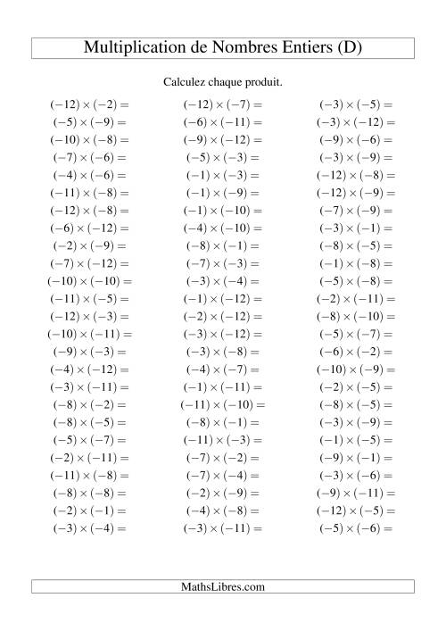 Multiplication de nombres entiers -- Négatif multiplié par négatif (75 par page) (D)