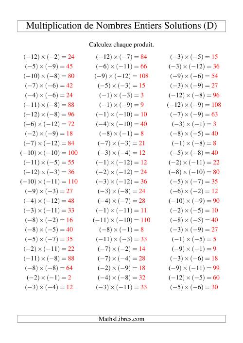 Multiplication de nombres entiers -- Négatif multiplié par négatif (75 par page) (D) page 2