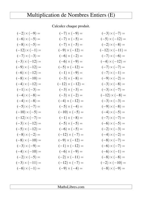 Multiplication de nombres entiers -- Négatif multiplié par négatif (75 par page) (E)