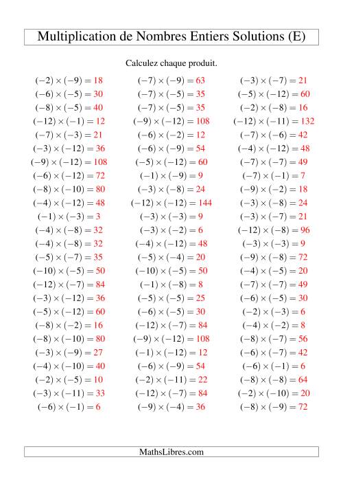 Multiplication de nombres entiers -- Négatif multiplié par négatif (75 par page) (E) page 2