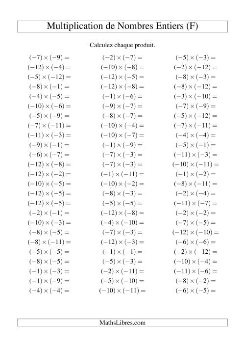 Multiplication de nombres entiers -- Négatif multiplié par négatif (75 par page) (F)