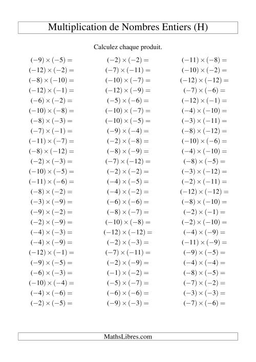Multiplication de nombres entiers -- Négatif multiplié par négatif (75 par page) (H)