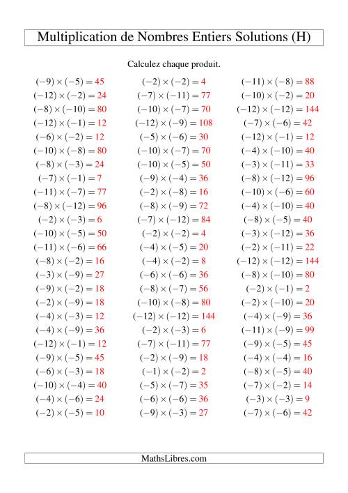 Multiplication de nombres entiers -- Négatif multiplié par négatif (75 par page) (H) page 2