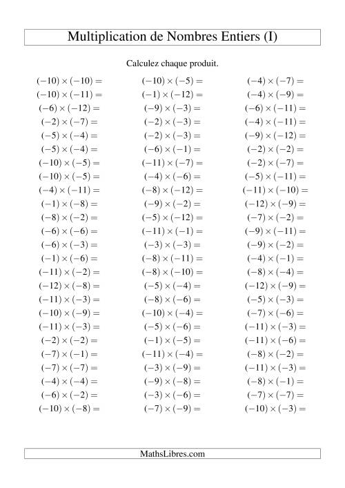 Multiplication de nombres entiers -- Négatif multiplié par négatif (75 par page) (I)