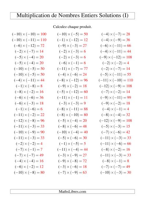 Multiplication de nombres entiers -- Négatif multiplié par négatif (75 par page) (I) page 2