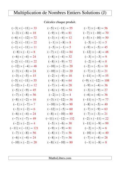 Multiplication de nombres entiers -- Négatif multiplié par négatif (75 par page) (J) page 2