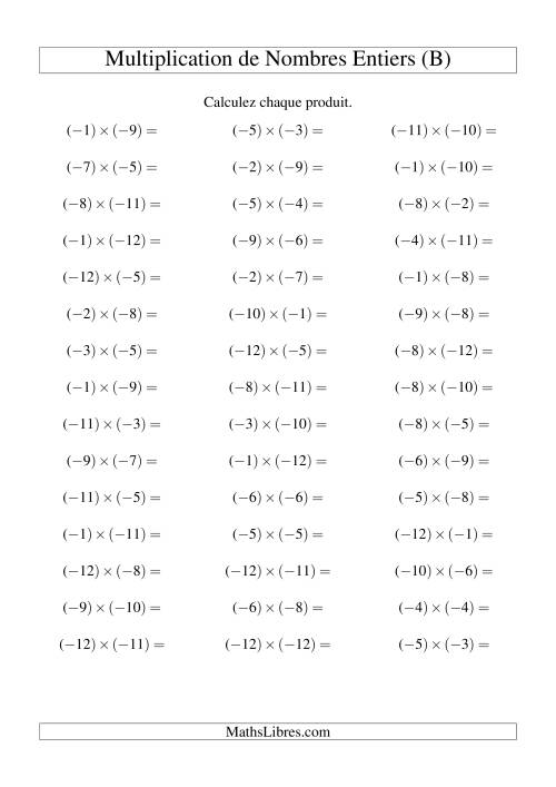 Multiplication de nombres entiers -- Négatif multiplié par négatif (45 par page) (B)