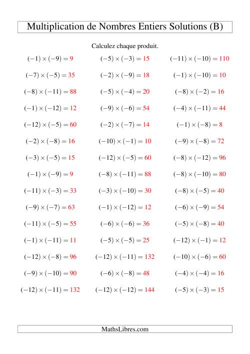 Multiplication de nombres entiers -- Négatif multiplié par négatif (45 par page) (B) page 2