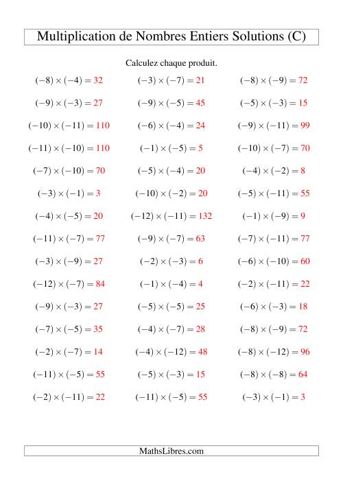 Multiplication de nombres entiers -- Négatif multiplié par négatif (45 par page) (C) page 2