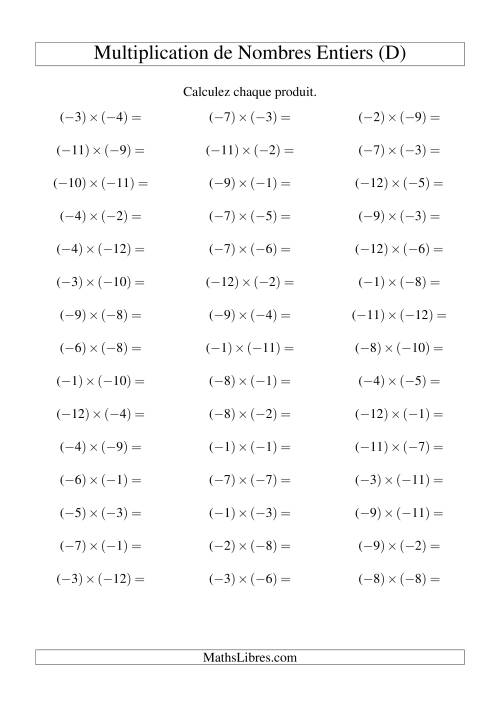 Multiplication de nombres entiers -- Négatif multiplié par négatif (45 par page) (D)