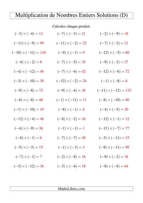 Multiplication de nombres entiers -- Négatif multiplié par négatif (45 par page) (D) page 2
