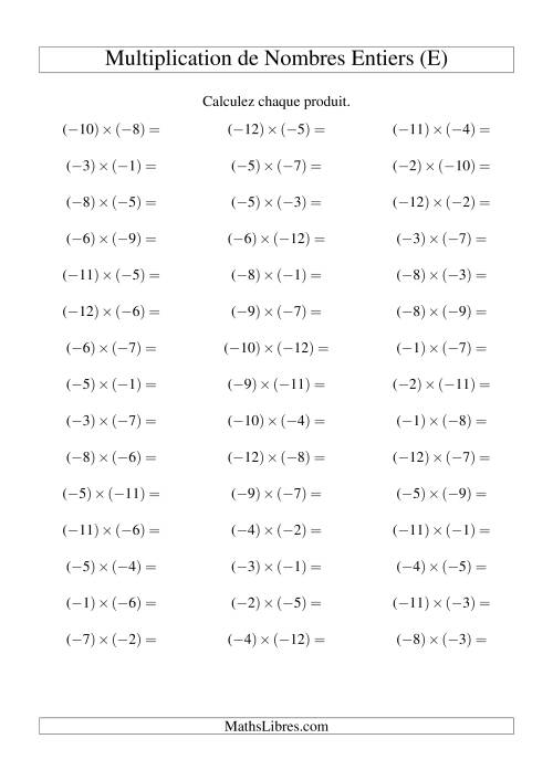 Multiplication de nombres entiers -- Négatif multiplié par négatif (45 par page) (E)