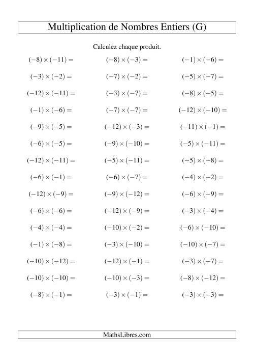 Multiplication de nombres entiers -- Négatif multiplié par négatif (45 par page) (G)