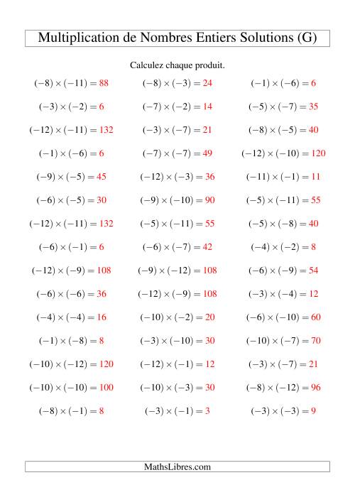 Multiplication de nombres entiers -- Négatif multiplié par négatif (45 par page) (G) page 2
