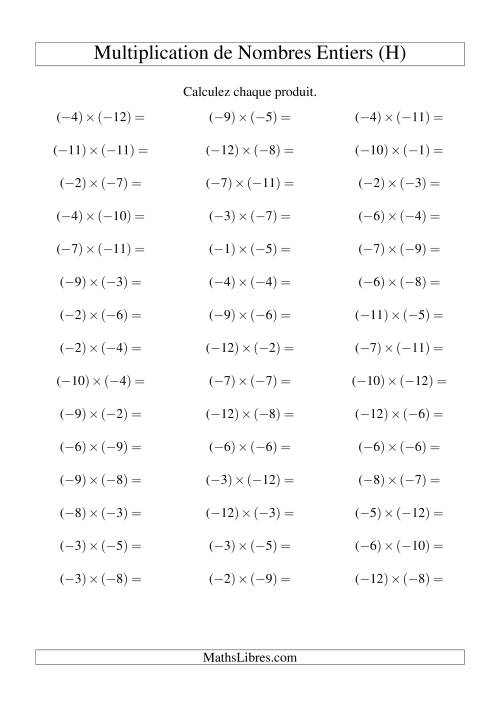 Multiplication de nombres entiers -- Négatif multiplié par négatif (45 par page) (H)