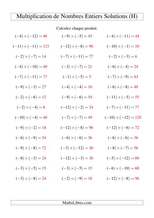 Multiplication de nombres entiers -- Négatif multiplié par négatif (45 par page) (H) page 2