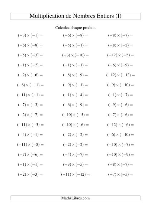 Multiplication de nombres entiers -- Négatif multiplié par négatif (45 par page) (I)