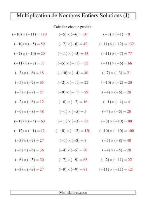 Multiplication de nombres entiers -- Négatif multiplié par négatif (45 par page) (J) page 2