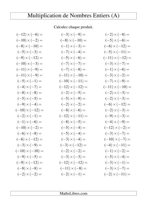 Multiplication de nombres entiers -- Négatif multiplié par négatif (75 par page) (Tout)