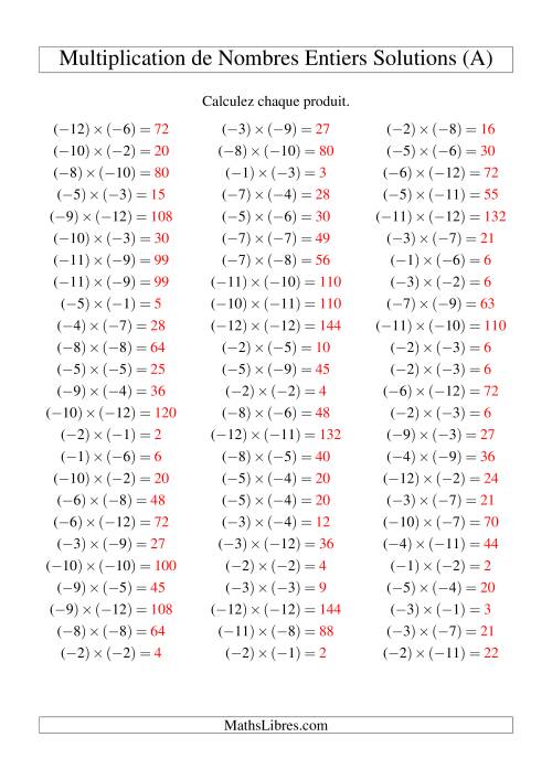 Multiplication de nombres entiers -- Négatif multiplié par négatif (75 par page) (Tout) page 2