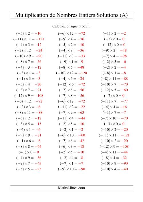 Multiplication de nombres entiers -- Négatif multiplié par positif (75 par page) (A) page 2