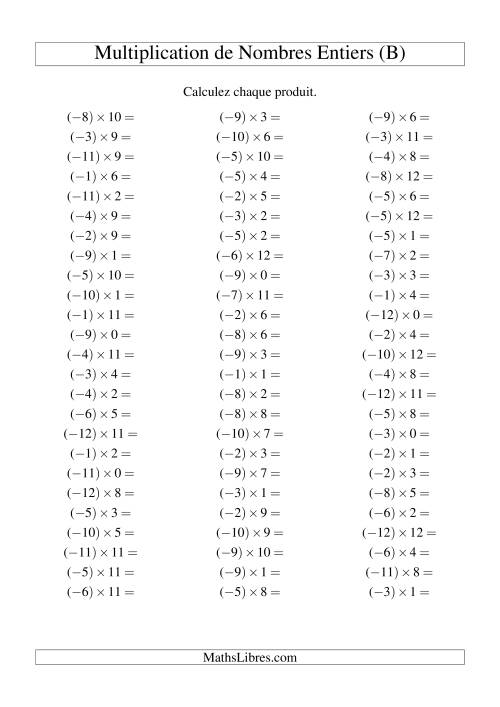Multiplication de nombres entiers -- Négatif multiplié par positif (75 par page) (B)