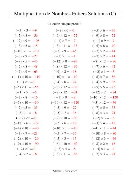 Multiplication de nombres entiers -- Négatif multiplié par positif (75 par page) (C) page 2