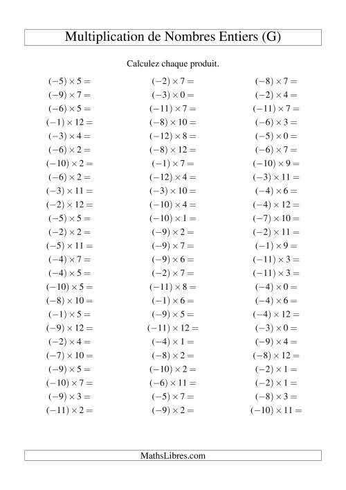 Multiplication de nombres entiers -- Négatif multiplié par positif (75 par page) (G)