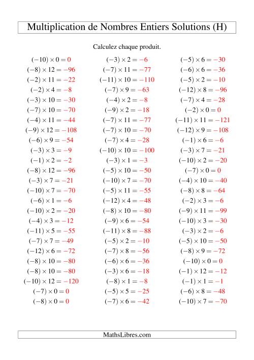 Multiplication de nombres entiers -- Négatif multiplié par positif (75 par page) (H) page 2