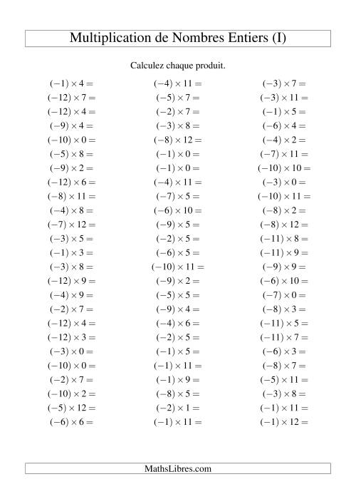 Multiplication de nombres entiers -- Négatif multiplié par positif (75 par page) (I)