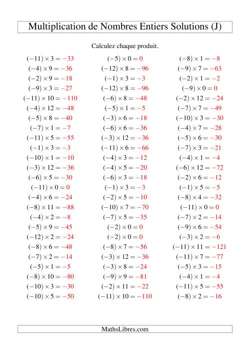 Multiplication de nombres entiers -- Négatif multiplié par positif (75 par page) (J) page 2